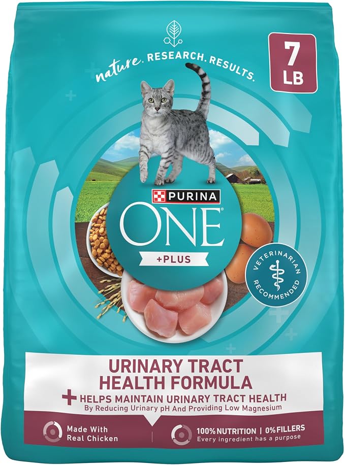 Purina ONE High Protein Urinary Tract Health Dry Cat Food, 7 lb Bag | Made with real chicken, no artificial flavors or colors. Low-magnesium formula balances pH and boosts immune defense