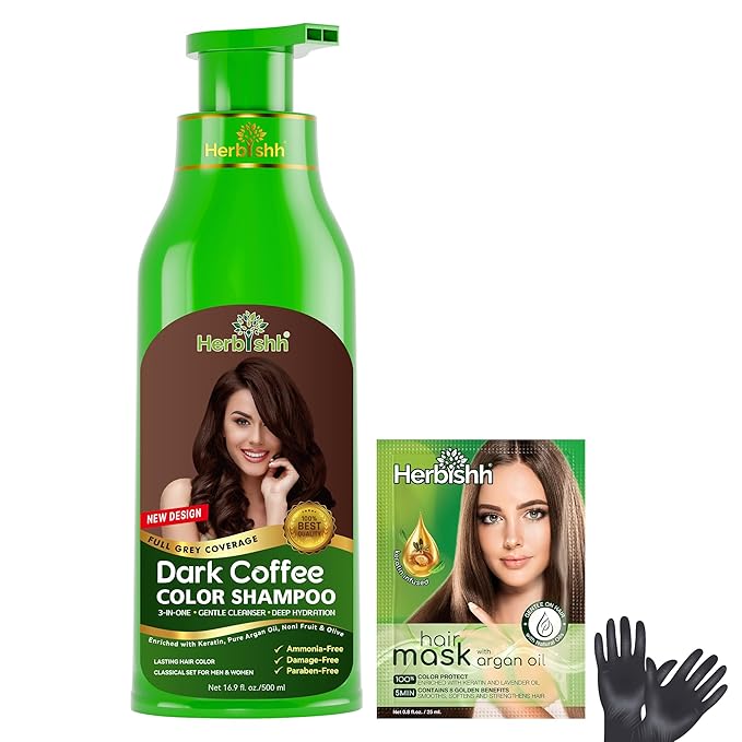 Herbishh Hair Color Shampoo for Gray Hair – Natural Hair Dye Shampoo – Colors Hair in Minutes – Lasts Up To 3-4 Weeks – 500ML – 3-In-1 Hair Color – Colors, Cleanses, and Conditions (Dark Coffee)