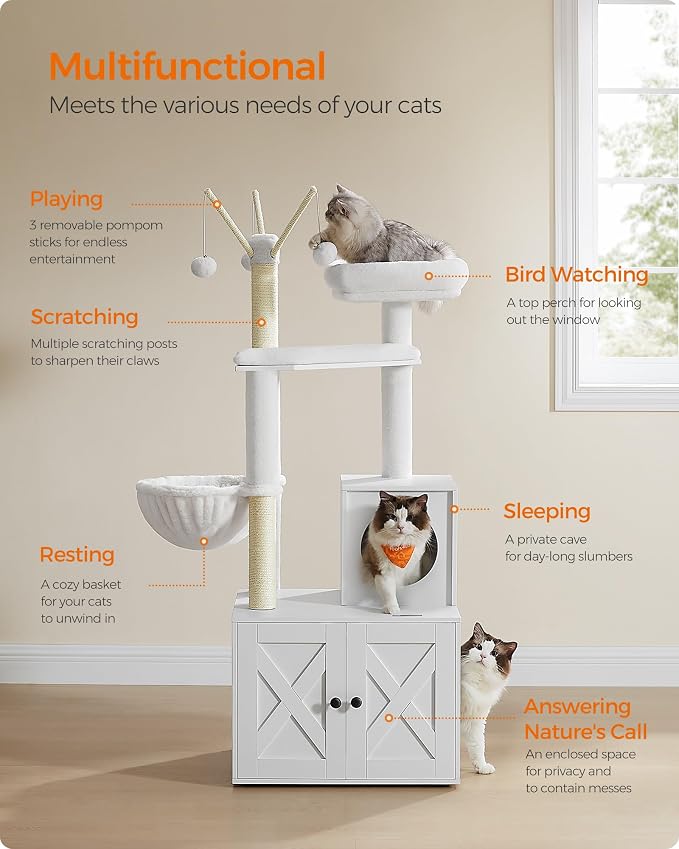 Feandrea Cat Tree with Litter Box Enclosure, 59-Inch Modern Cat Tower | 2-In-1 Condo with Scratching Posts, Washable Removable Cushion, Cloud White UPCT113W01