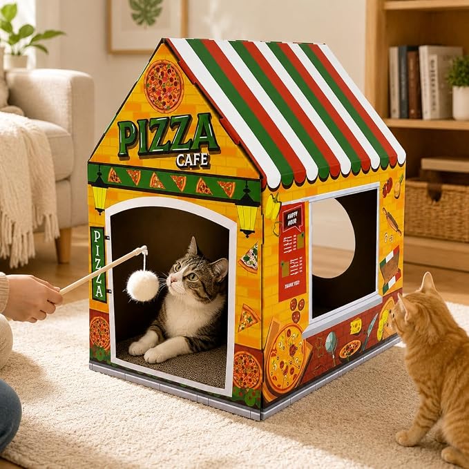 Cinrobiye Cardboard Cat House with Scratcher, Indoor Cat Condo Cat Cave Hideout with Scratch Pad, Cardboard Cat Playhouse Bed for Cats, Kittens, Rabbits & Small Pets (Pizza)