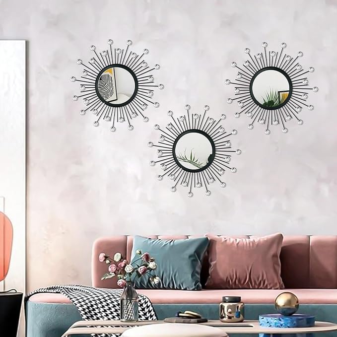 3 Pack Metal Mirrors for Wall Sunburst Wall Mirrors Home Décor Decorative Hanging Wall Art for Living Room Bedroom Entryway (Black Crystal, Sunburst)