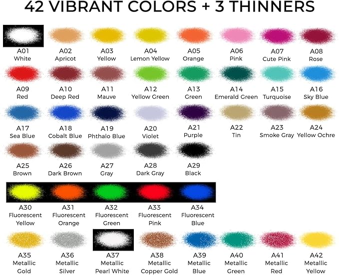 Airbrush Paint, ARTME 42 Colors with 3 Thinner, Ready to Spray, Opaque & Water Based Acrylic Airbrush Paint Set Including Metallic & Neon Colors, Premium Air brush Paints for Metal, Models, Plastic, Canvas, and Wood