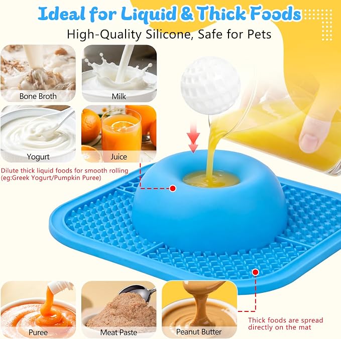 Slow Feeder Dog Bowls & Lick Mat for Liquid and Thick Treat, Anti-Slip Dog Lick Bowl with Interactive Rolling Ball, 5/6 Cup Pup Licking Toy for Large Medium Small Dogs and Cats-Large Blue