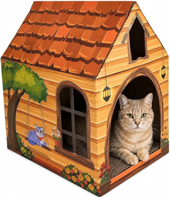 Cinrobiye Cardboard Cat House with Scratcher, Indoor Cat Condo Cat Cave Hideout with Scratch Pad, Cardboard Cat Playhouse Bed for Cats, Kittens, Rabbits & Small Pets (Brown2)