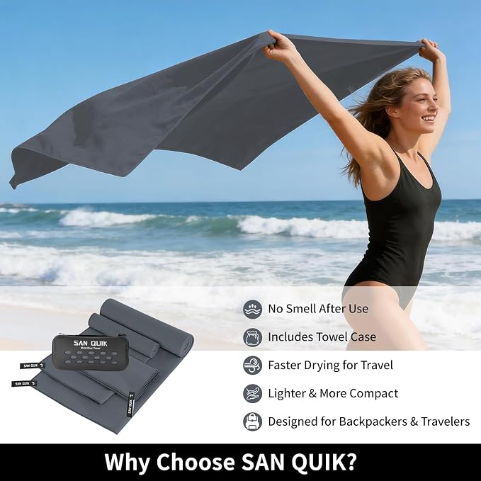Quick Dry Camping Towel with EVA Case, Microfiber Travel Towel 3 Size at 1 Pack, Super Absorbent Lightweight Fast Drying Towel Set for Beach, Gym, Sports, Backpacking, Yoga & Swimming Pool, Dark Grey