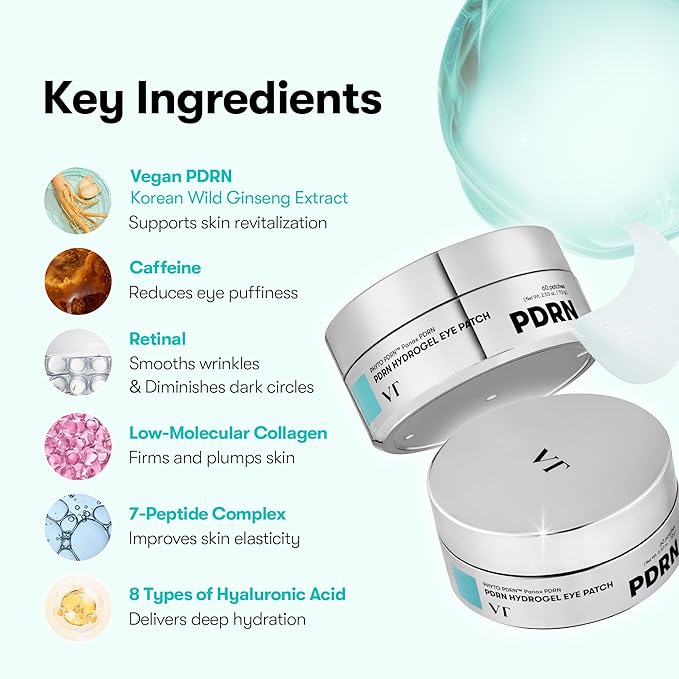 VT COSMETICS PDRN Hydrogel Eye Patch (60 Patches / 30 Pairs) – Under Eye Patches for Dark Circles, Puffiness & Wrinkles, Vegan PDRN, Retinal & Collagen, Hydrating Anti-Aging, Korean Skincare