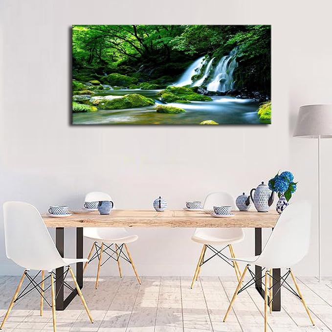 arteWOODS Waterfall Canvas Wall Art Living Room Decoration Large Nature Picture Artwork Modern Landscape Painting Green Forest Prints for Kitchen Office Wall Decor Home Decorations 24" x 48"