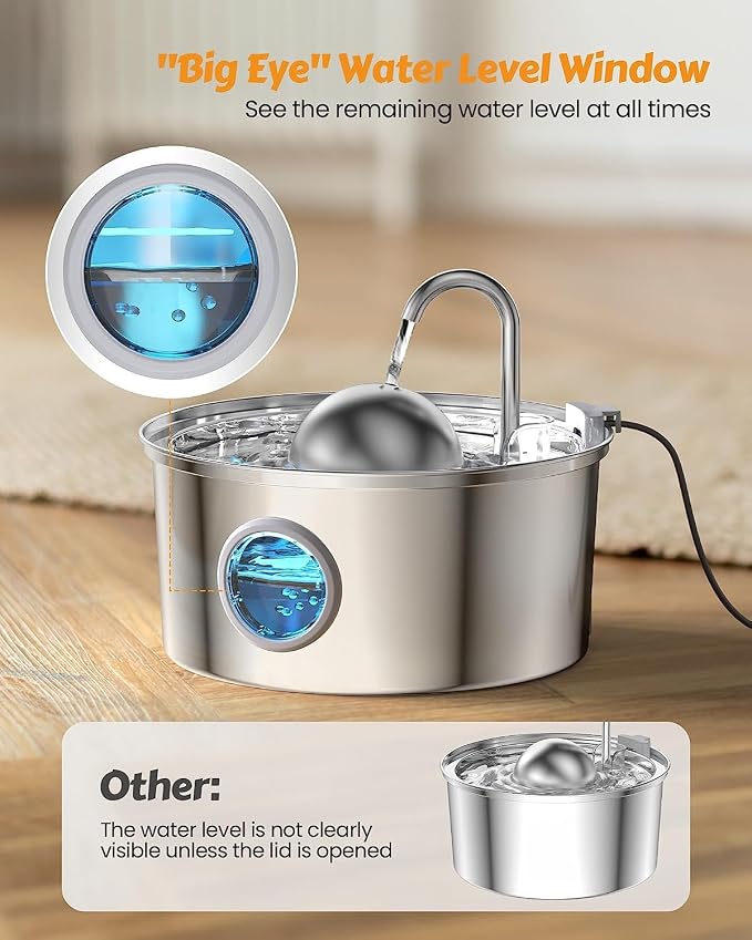 AONBOY Cat Water Fountain with 8 Filters + 8 Sponge Filters | 108oz/3.2L Cat Fountain Stainless Steel with Water Level Window Faucet Shape Dog Water Fountain Multi Filtration