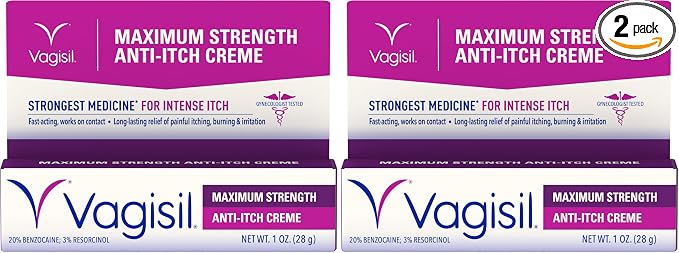 Vagisil Maximum Strength Feminine Anti-Itch Cream with Benzocaine for Women, Helps Relieve Yeast Infection Irritation, Gynecologist Tested, Fast-Acting, Soothes and Cools Skin, 1 oz (Pack of 2)