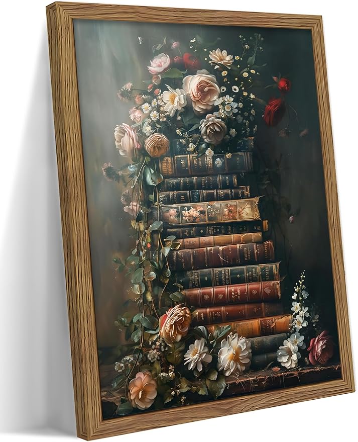 Vintage Framed Wall Art Flowers Books Canvas Prints, Dark Academia Wildflowers Oil Painting, Botanical Book Pictures Artwork for Living Room Bedroom Study – Dark Wooden Frame 12x16in
