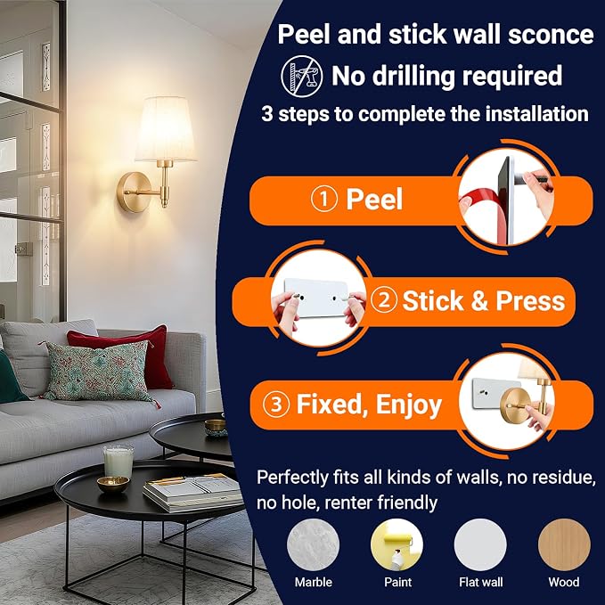YHCDLAMP Peel and Stick Wall Sconces, No Drilling Stick On Wall Sconce, Wireless Battery Operated Wall Lights, Adhesive Wall Lamp with 10000mAh Battery Bulb for Bedroom Living Room Decor