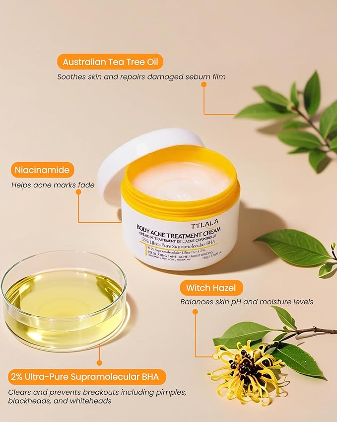 Butt Acne Clearing Treatment, Moisturizer Cream with 2% Salicylic Acid, Tea Tree Oil & Witch Hazel, Body Back Acne Treatment, Cystic Acne Treatment for Skin Delicate and Smooth 5.4oz