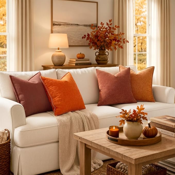 MIULEE Fall Decorative Couch Throw Pillow Covers 18x18 Inch Bright Orange | 2 Pack, Farmhouse Pillow Covers with Stitched Edge, Soft Chenille Cushion Case, Sofa Bed LivingRoom Home Decor