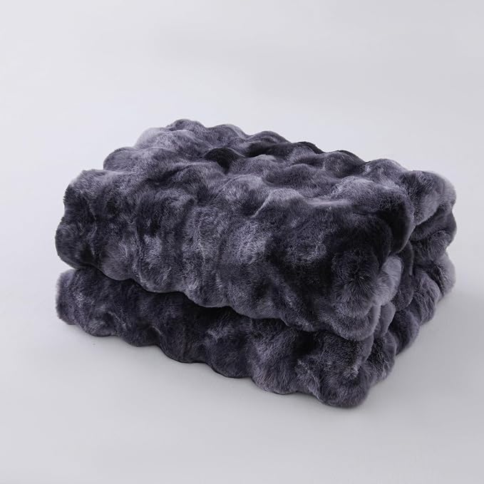 Super Comfort Oversized Warm Thick Bubble Luxury Plush Rabbit Faux Fur Throw Blanket, Fluffy Blanket,Soft Cozy Blanket for Couch Chair Bed Sofa Living Room (Tie-Dye Black, 60inX80in)