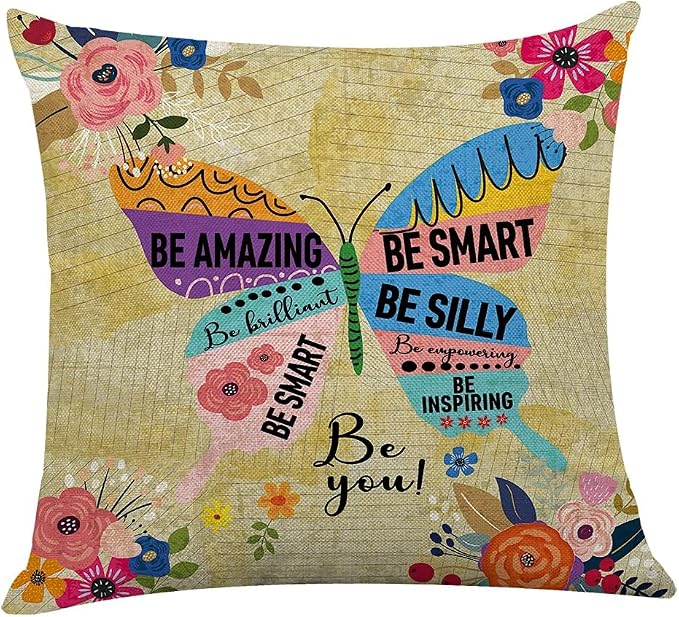Littlefa Bright Colorful Throw Pillow Cover Butterfly Decorative Pillowcase | Boho Throw Pillow Cover with Inspirational Saying, 18×18 In