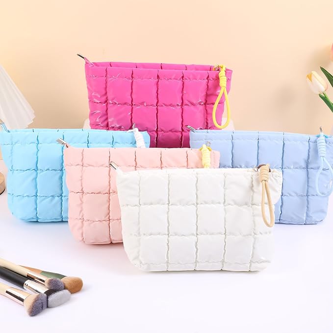 Puffer Quilted Makeup Bag Cosmetic Bag Travel Portable Puffy Checkered Toiletry Pouch Skincare Organizer Purse (Purple)