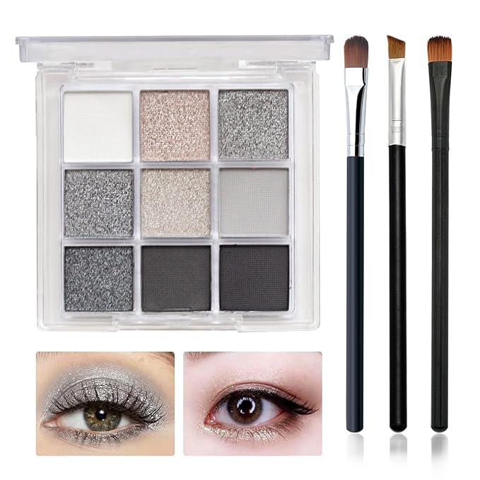 Black Grey Smoky Eyeshadow Palette,15 Colors Matte Shimmer Pigmented Eye Shadow Makeup Palette Set with 3 Eyeshadow Brushes,Glitter Eye Shadow Palette for Daily Halloween Goth Makeup(D)