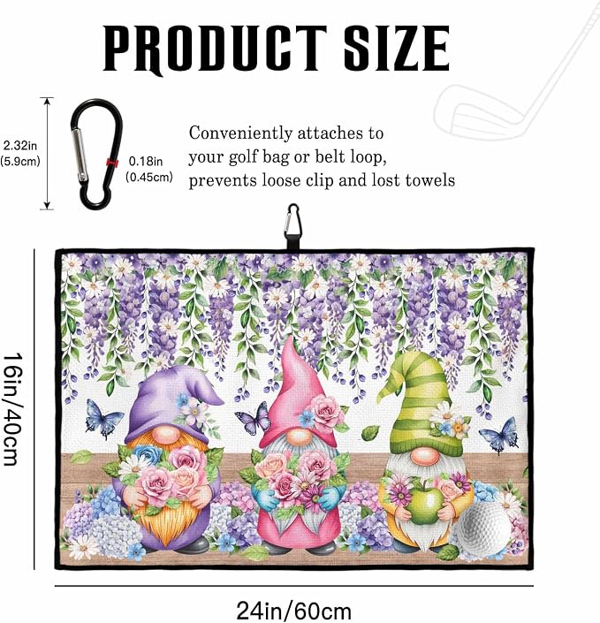 Blue Purple Gnomes Golf Towel with Clip, Spring Country Hydrangea Flower Leaf Large Microfiber Women Men Sports Work Out Disc Golf Bag Towel for Yoga, Gym, Fitness, Swimming Towels Accessory