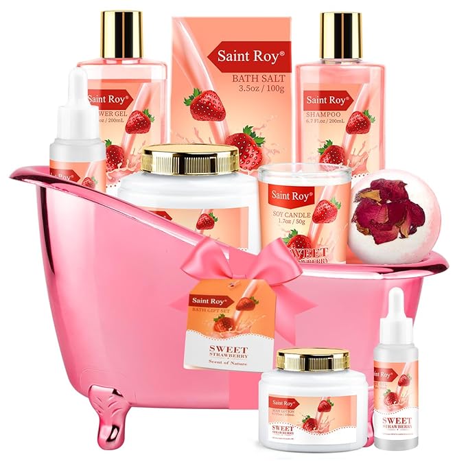 Mothers Day Gifts, Spa Kit for Women, Bath & Body Gift Set, Home Spa Bath Gift Basket, Strawberry Scented Bath Set Christmas Gifts, Pamper Kit for Girls & Teens, Birthday Gift, Bath Self Care Gift