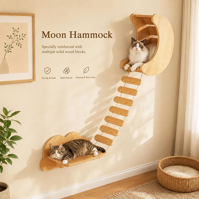 Solid Wood Climbing System for Large Cats, 7-Piece Cat Wall-Mounted Furniture with Moon Bed, Star House, Suspension Bridge and Scratching Post for Indoor Cats