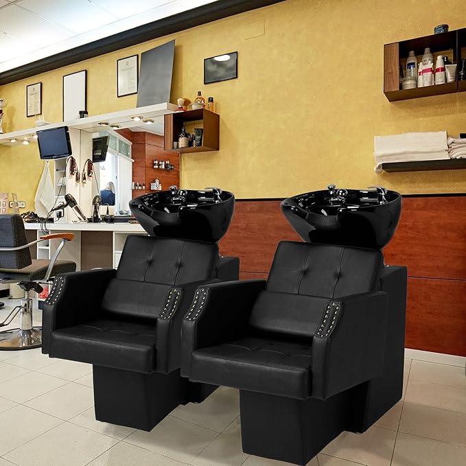 Winado Salon Shampoo Backwash Chair, Hair Wash Stations with Large Ceramic Bowl, Adjustable Shampoo Bowl Sink Chair for Barbershop Beauty Spa Massage Hairdressing Equipment