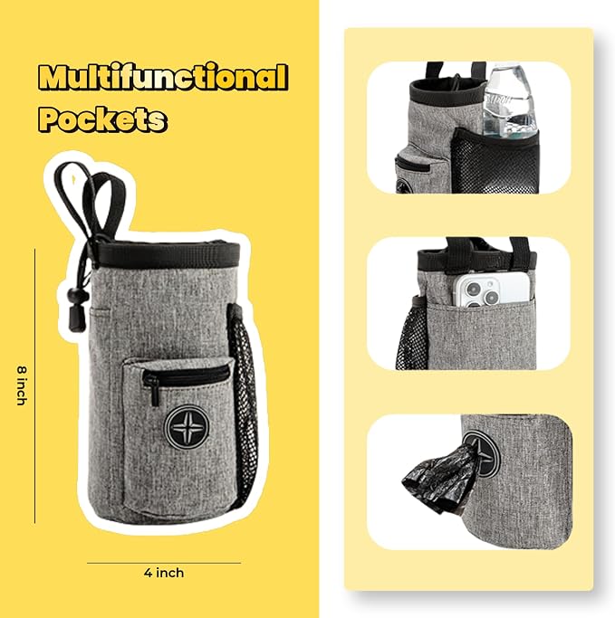 Dog Treat Pouch – Pet Training Treat Bag with Drawstring Closure, Poop Bag Dispenser, Multiple Pockets for Treats & Kibbles | 3 Ways to Wear with Adjustable Waist & Shoulder Straps | Hands-Free Walks