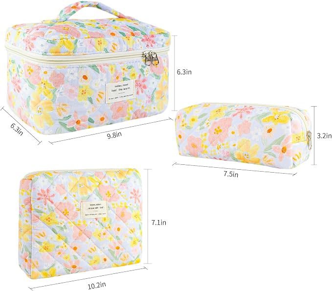 GISMTR 3Pcs Makeup Bag Cotton Quilted Travel Cosmetic Bag Cute Floral Makeup Pouch Large Toiletry Bag for Women Girls