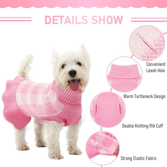 Dog Sweater Dress Plaid Knitwear for Small Medium Dogs Warm Puppy Pet Turtleneck Stretch Pullover Cute Fall Winter Vest Clothes with Leash Hole for Christmas