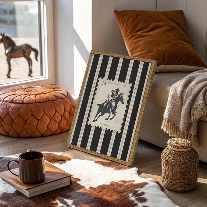 Vintage Western Cowboy Wall Art Black and White Striped Cowboy Riding Horse Wall Decor Paintings Mid Century Rodeo Southwestern Poster Canvas Print for Bedroom Living Room 16x24 inch Wood Framed