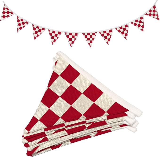Boys Room Wall Art Decor,Cars Room Decor for Toddler Nursery Playroom, Red and White Checkered Garland Triangle Banners,Racing Flags 11Ft Bunting Flags Fabric for Baby Shower Birthday Party