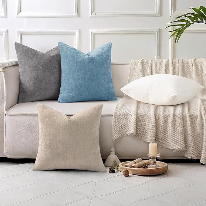 decorUhome Soft Chenille Grey Blue Throw Pillow Covers 12X20 Set of 2 | Decorative Fall Couch Pillow Covers Solid Dyed Accent Modern Farmhouse Neutral Rectangle Pillow Cases for Sofa