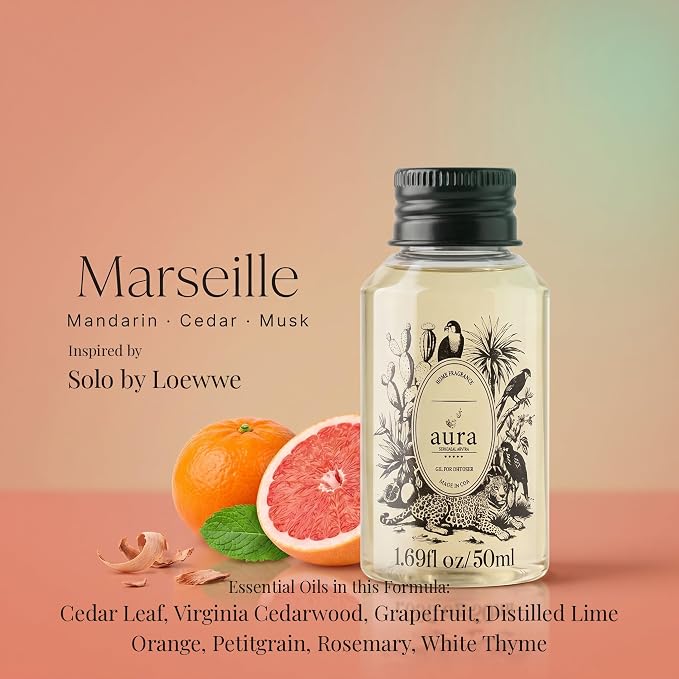 A U R A - Marseille Fragrance Oil for Waterless Scent Diffuser - Inspired by Loevve-Solo | (1.7 fl oz, 50 ml) Pure Essential Oil Blends for Aromatherapy Diffuser & Hotel Collection Oil Diffuser