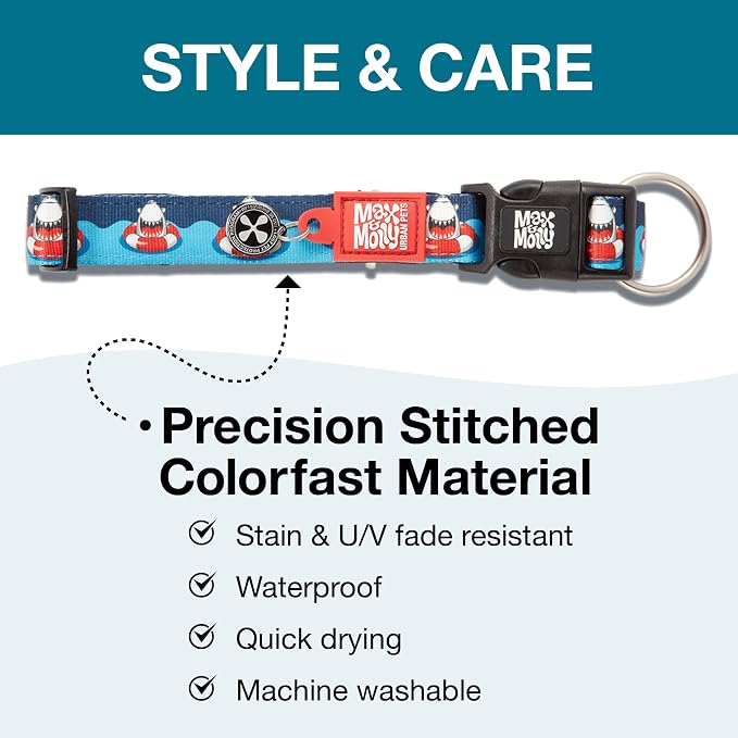 Max & Molly Urban Pets Smart ID Dog Collar - Soft Neoprene, Waterproof, Machine Washable, Power Buckle, Gotcha! QR Tag & Custom App Profile, Sharks, Medium