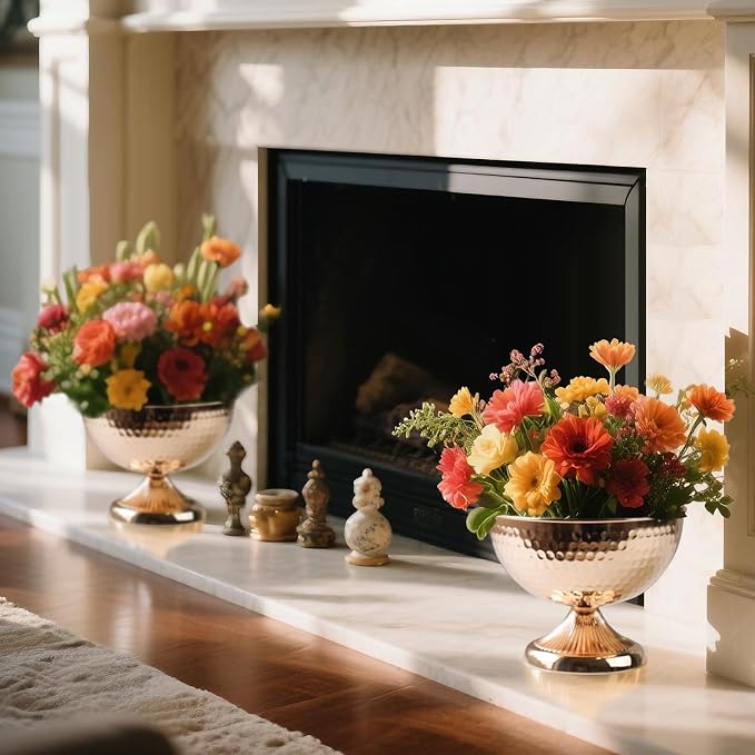 Metal Urn Vases for Centerpieces - 6.3" Tall Flower Pot Planters, Wedding Table Decor, Party Reception, Home Floral Arrangement (10, Gold)