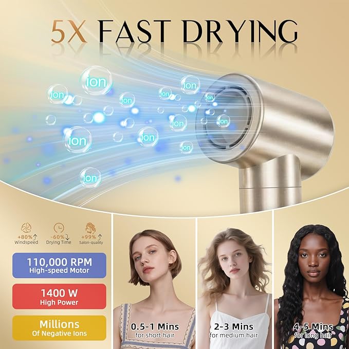 DORISILK 8 in 1 Hair Styler & Hair Dryer Brush Blow Dryer, 110,000 RPM High-Speed Hot Brush Styler, Ionic Smooth Cepillo Secador de Cabello Multi Straightener Curler Volumizer Dryer, Champagne Gold