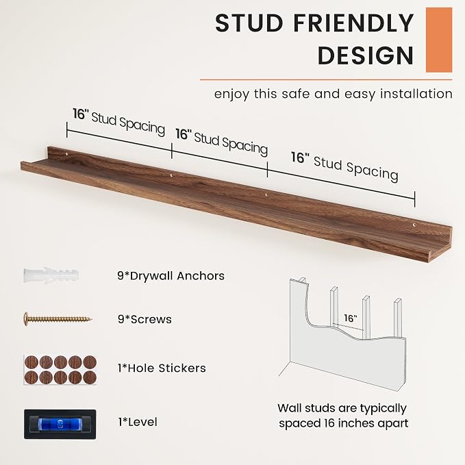 Picture Ledge Shelf, Long Floating Shelves for Wall, 52" W Set of 2, Walnut | FSC Certified Engineered Wood, Wall Mounted Bookshelf, for Nursery Living Room Bedroom, Easy Install