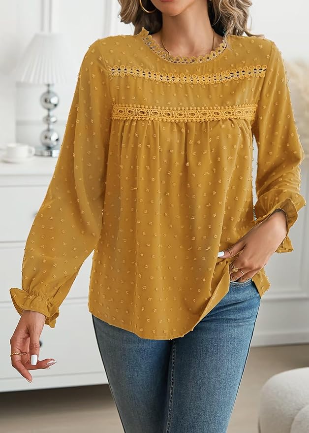 Womens Boho Tops Long Sleeve Shirts For Women Cute Crewneck Blouse Dressy Casual Swiss Dot Crochet Hollow Top 2026