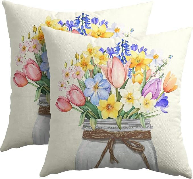 Kawani Spring Floral Throw Pillow Covers 16x16 Inch Set of 2 Watercolor Coreopsis Flowers Mason Jar Pillowcase Cotton Linen Cushion Case Double Sided with Zipper for Couch Sofa Decor