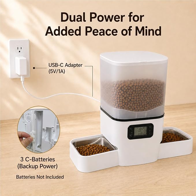 Automatic Cat Feeder for 2 Cats & Small Dog, 6L Large Capacity for Dry Food | Timed Cat Food Dispenser with 2 Stainless Steel Bowl, Dual Power Supply, Detachable & Dishwasher Safe, LED Display Screen