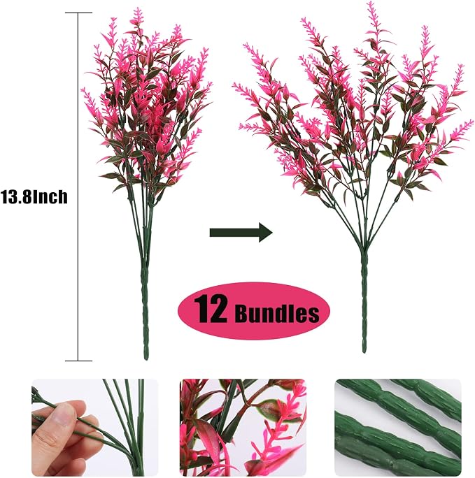RECUTMS Artificial Flowers for Outdoor Decoration,Spring Pink Autumn Decor | 12Pcs,UV Resistant Fall Faux Outdoor Plastic Greenery Shrubs Plants Artificial Fake Flowers Hanging Planter Home Garden Decor