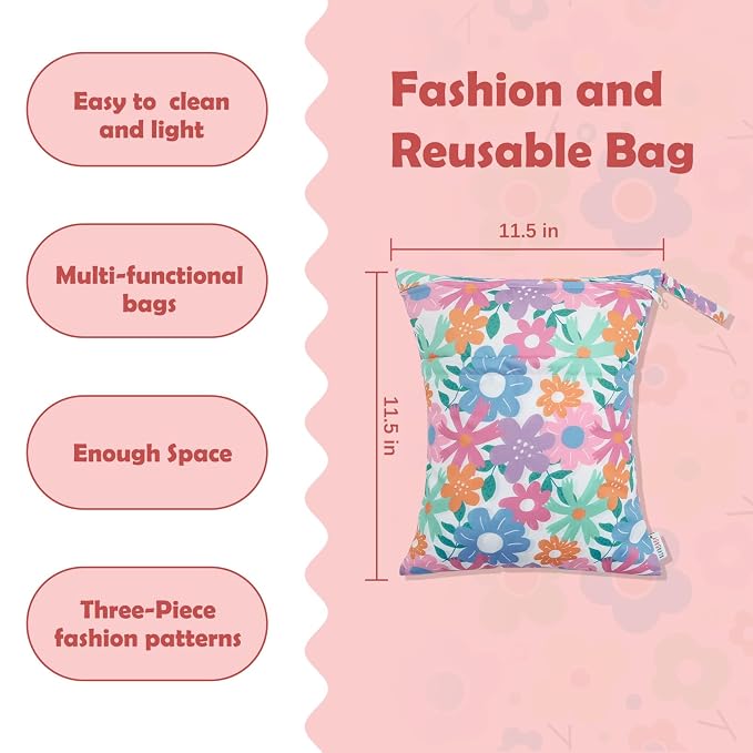 ALVA ALVABABY 3pcs Cloth Diaper Wet Dry Bags Waterproof Reusable with Two Zippered Pockets Travel Beach Pool Daycare Soiled Baby Items Yoga Gym Bag for Swimsuits or Wet Clothes 3L-ZM18A