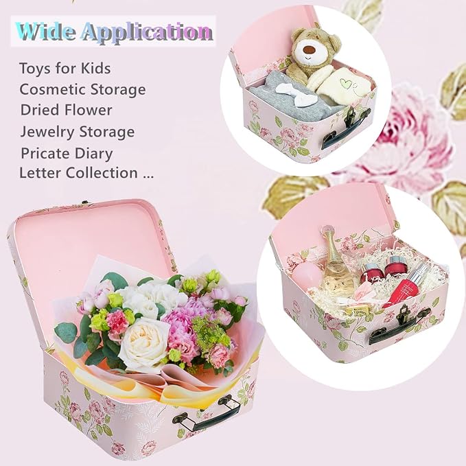 Paperboard Suitcases Set of 3 Decorative Storage Boxes With Lids, Gift Boxes With Lids For Presents, Compatible with Travel Dollhouses, Wedding Card Box or New Year Decorations (Pink Flowers)