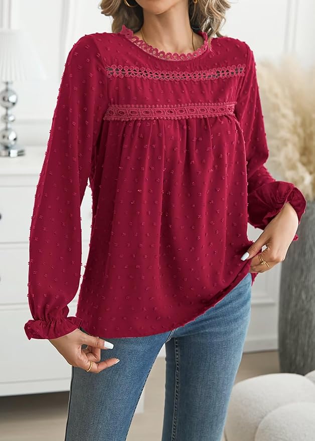 Womens Boho Tops Long Sleeve Shirts For Women Cute Crewneck Blouse Dressy Casual Swiss Dot Crochet Hollow Top 2026