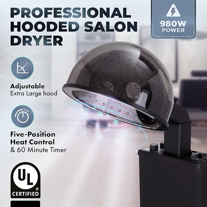 Buy-Rite BR900 X-tra Hot Professional Salon Hair Dryer, 980W Hooded Dryer with Extra Large Bonnet, 5 Heat Settings, 60-Min Timer, Removable Filter, UL/CSA Approved, HL-1200 (Black, 120V)