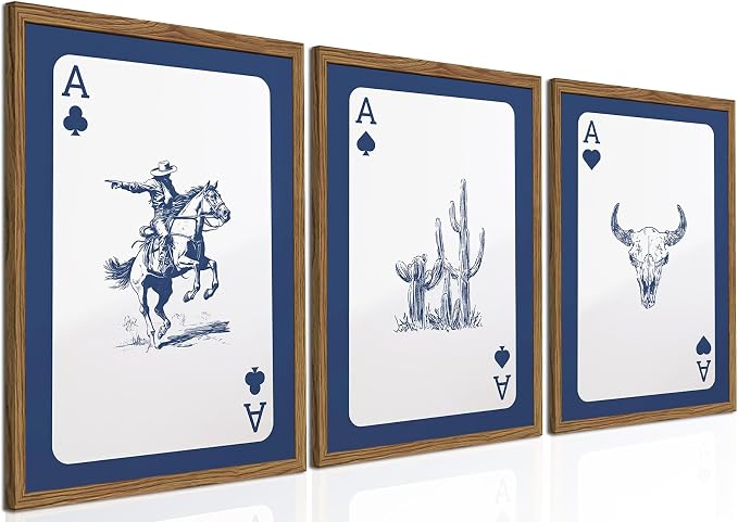 Western Wall Art Set of 3, Blue Cowboy Wall Decor Trendy Southwestern Playing Card Longhorn Bull Skull Poster Canvas Aesthetics Prints for Bedroom Living Room 16x24 inch Wood Framed