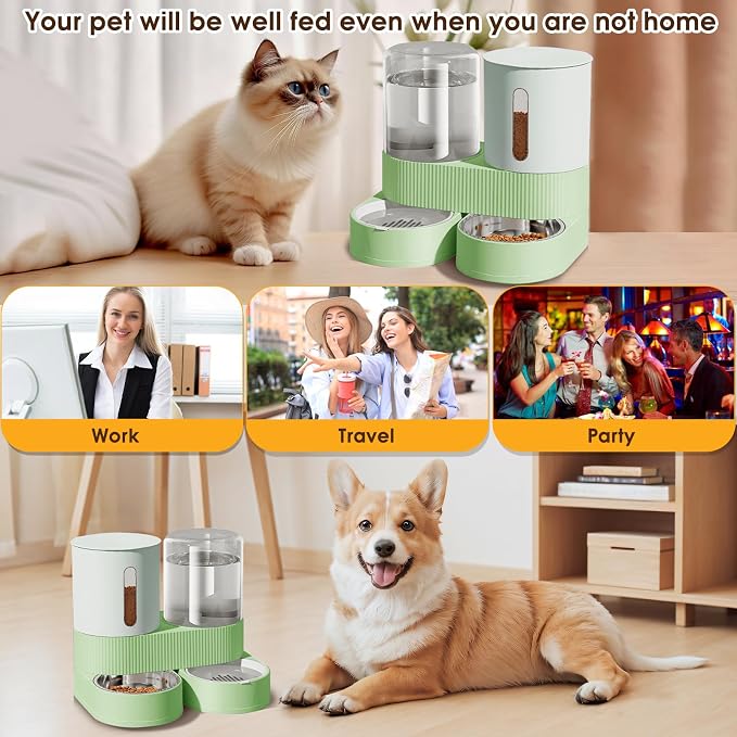 2 in 1 Automatic Gravity Cat Dog Feeder and Water Dispenser with 304 Stainless Steel Bowls, 360 Degree Rotatable Auto Food with 2 Specialized Brushes for Small Medium Pet Dog Puppy Kitten (Green)