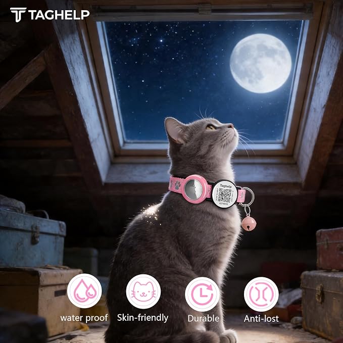 Waterproof Breakaway Cat Collar with Paw Prints - Secure Apple AirTag Holder, Smart QR Code Tag for Instant Location Alerts (No App), Adjustable GPS Tracker Collar for Cats (Pink)