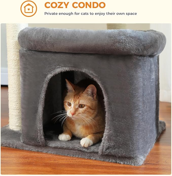 PEQULTI Cat Tree Tower for Large Indoor Cats, Extra Large Perch, Grey | Sisal wrapped scratch posts, oversized resting perch, sturdy cat tower furniture for indoor large cats