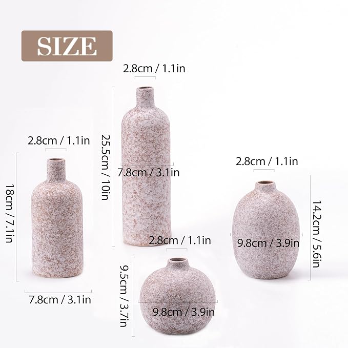 Ceramic Vase Set of 4, Classic Stone Style Small Vases Home Decorations for Table Shelf Office Centerpieces Decor