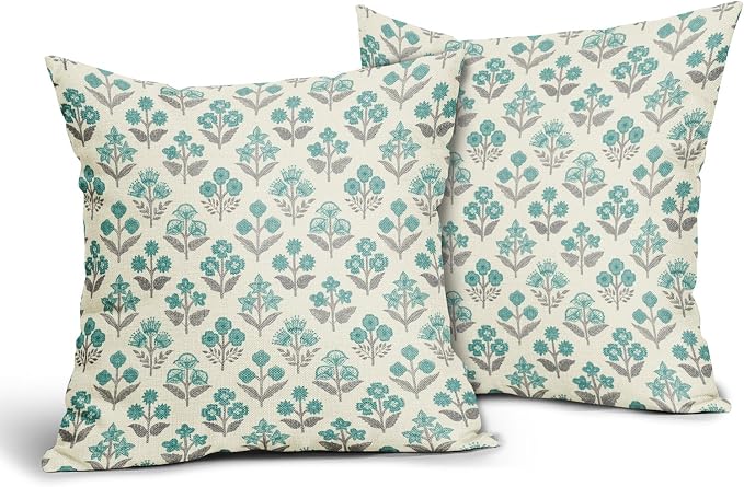 Teal Grey Gray Floral Block Print Pillow Covers 16x16 Inch Set of 2, Vintage Flower Pattern Decorative Throw Pillowcases Outdoor Farmhouse Cushion Covers Spring Summer Rustic Sofa Couch Bed Decor